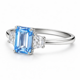 Zaviraa Emerald Cut Aquamarine Three Stone Engagement Ring for Women – 925 Sterling Silver Finish with Trapezoid Moissanite Accents | Celebrity Style Proposal Ring