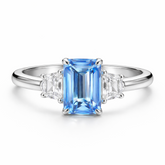 Zaviraa Emerald Cut Aquamarine Three Stone Engagement Ring for Women – 925 Sterling Silver Finish with Trapezoid Moissanite Accents | Celebrity Style Proposal Ring