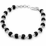 Zaviraa 925 Sterling Silver Karungali Bracelet for Men & Women | 7–8MM Natural Ebony Wood Beads | Silver Capping with Extension Chain | Pure Chandi Spiritual Jewellery
