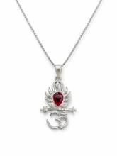 Zaviraa 925 Sterling Silver Om & Krishna Flute Pendant with Red Stone & Box Chain