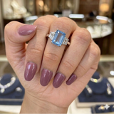Zaviraa Emerald Cut Aquamarine Three Stone Engagement Ring for Women – 925 Sterling Silver Finish with Trapezoid Moissanite Accents | Celebrity Style Proposal Ring