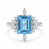 Zaviraa Emerald Cut Aquamarine Halo Engagement Ring for Women – 925 Sterling Silver Floral Moissanite Accent Ring | Elegant Proposal Ring