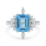 Zaviraa Emerald Cut Aquamarine Halo Engagement Ring for Women – 925 Sterling Silver Floral Moissanite Accent Ring | Elegant Proposal Ring