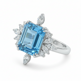 Zaviraa Emerald Cut Aquamarine Halo Engagement Ring for Women – 925 Sterling Silver Floral Moissanite Accent Ring | Elegant Proposal Ring