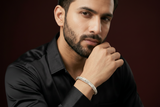 Men's Silver Geometric Engraved Striped Kada | Zaviraa