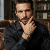 Men’s Silver Greek Pattern Kada with Black Enamel | Designer Bracelet | 925 Sterling Silver
