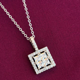 925 Sterling Silver Square Halo Pendant Necklace with Chain for Women