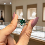 Zaviraa 3.00 CT Asscher Cut Dark Green Moissanite Engagement Ring for Women – 925 Sterling Silver Bezel Set Bypass Shank Ring | Unique Statement Ring