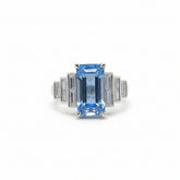 Zaviraa Emerald Cut Aquamarine Engagement Ring for Women – 925 Sterling Silver Art Deco 7 Stone Ring with Baguette Moissanite Accents | March Birthstone Proposal Ring