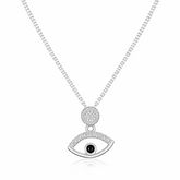 Silver necklace with an eye-shaped pendant on a white background