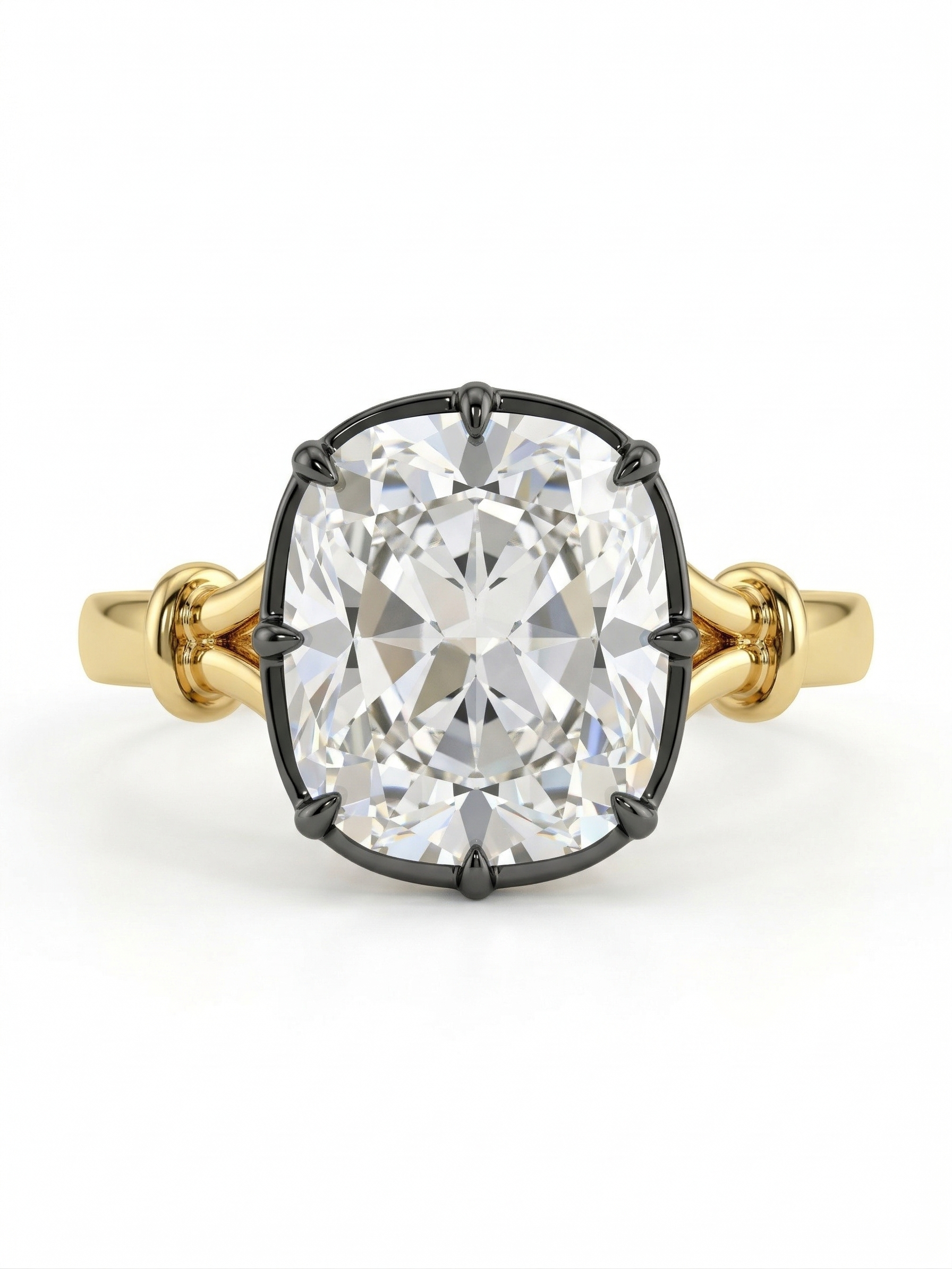 Gold and black ring with a large diamond on a white background