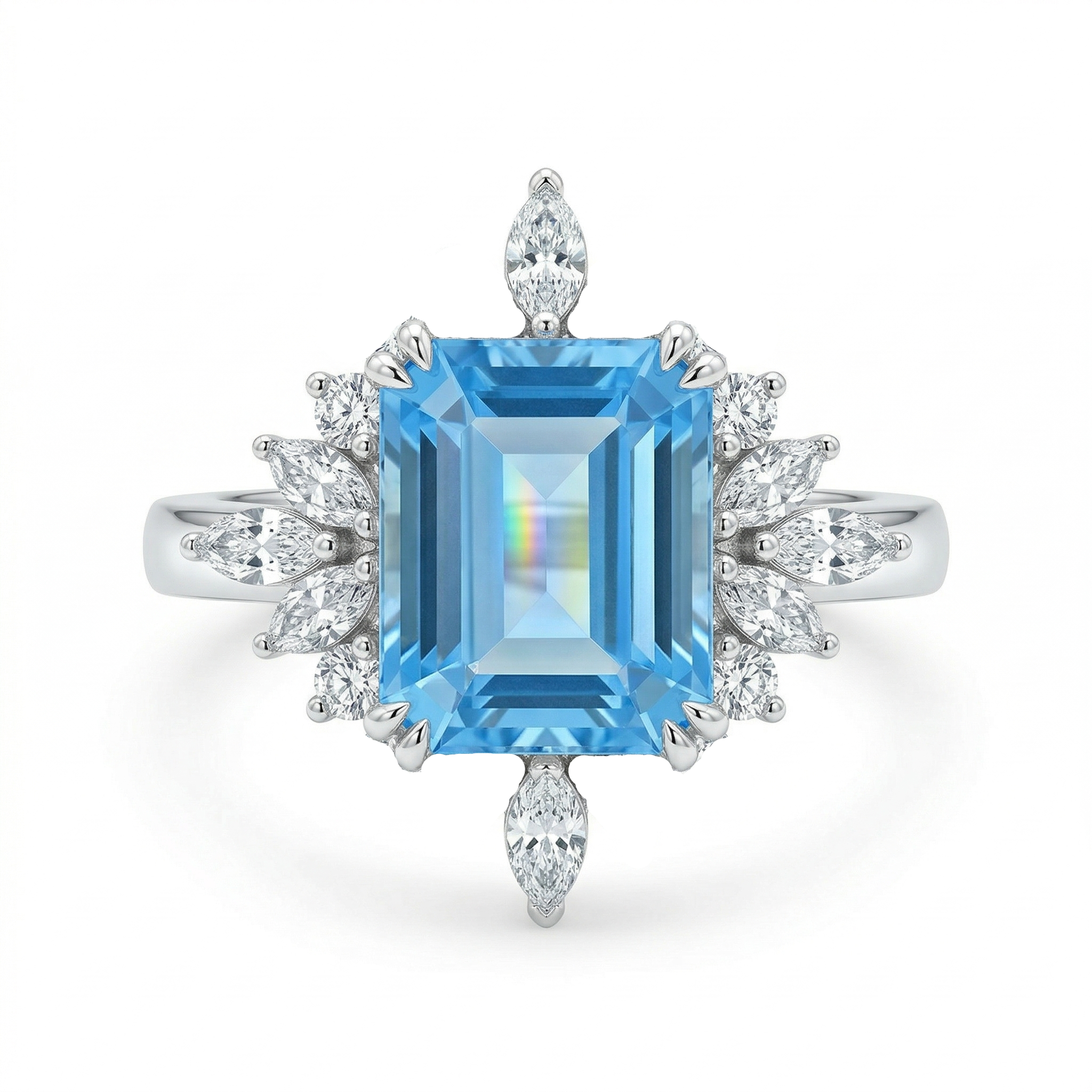 Ring with a blue gemstone and diamond accents on a white background