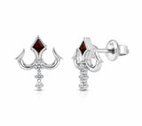 Zaviraa 925 Sterling Silver Trishul Stud Earrings for Women | Shiv Trident Design with Red Stone | Spiritual Silver Jewellery