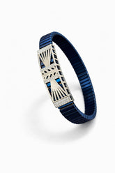 Zaviraa Art Deco Fan 925 Sterling Silver Iced-Out Bracelet with Royal Blue Stretch Band