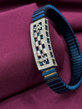 Zaviraa Royal Fleur-de-lis 925 Sterling Silver Checkered Bracelet with Blue Metallic Stretch Band