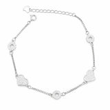 Silver bracelet with heart-shaped charms on a white background