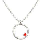 Silver necklace with a red heart pendant on a white background