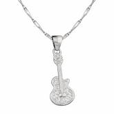 Silver guitar-shaped pendant on a chain against a white background