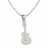 Silver guitar-shaped pendant on a chain against a white background