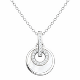 Silver necklace with a circular pendant on a white background
