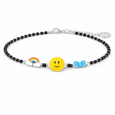 silver Bracelet with smiley face and rainbow beads on a white background