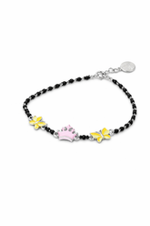 silver Bracelet with black beads and colorful charms on a white background