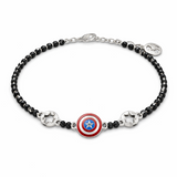 Bracelet with Captain America emblem and black beads on a white background