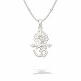 Silver pendant with 'Om' symbol and diamond on a white background