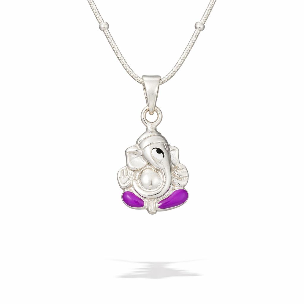 ganesha Silver pendant with purple accents on a white background
