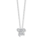 Silver necklace with a bow-shaped pendant on a white background