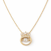 Gold necklace with a crown-shaped pendant on a white background