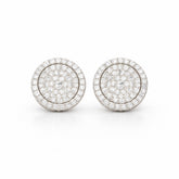 Pair of round earrings with diamond-like stones on a white background