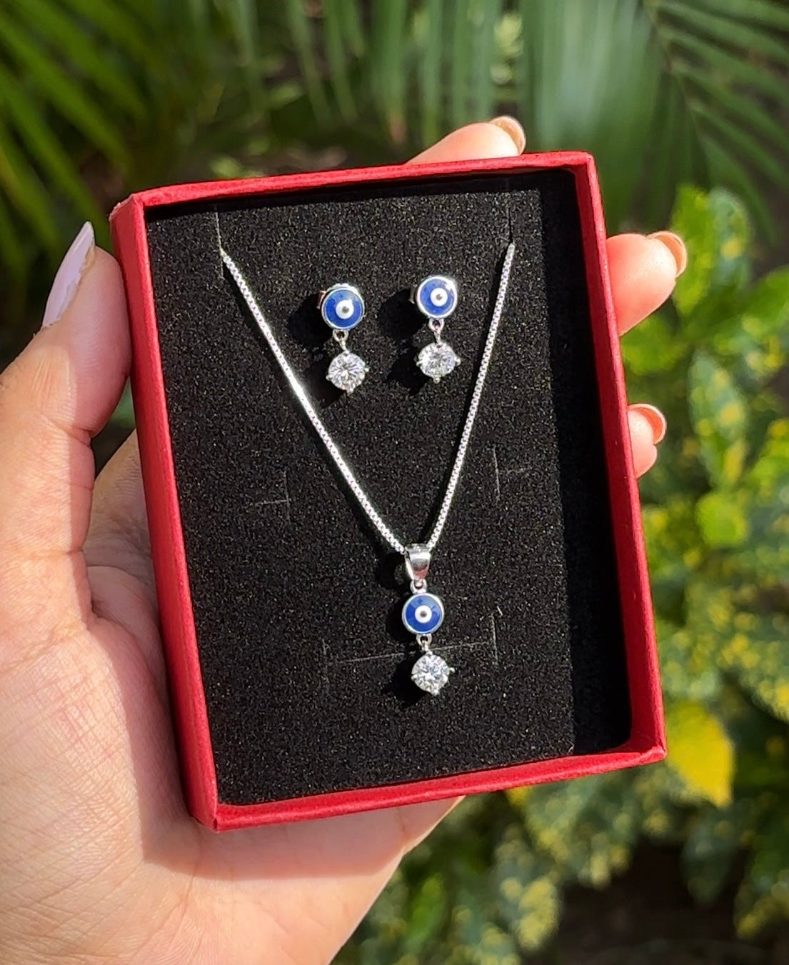 Zaviraa 925 Sterling Silver Evil Eye & Solitaire Jewelry Set with Pendant & Earrings