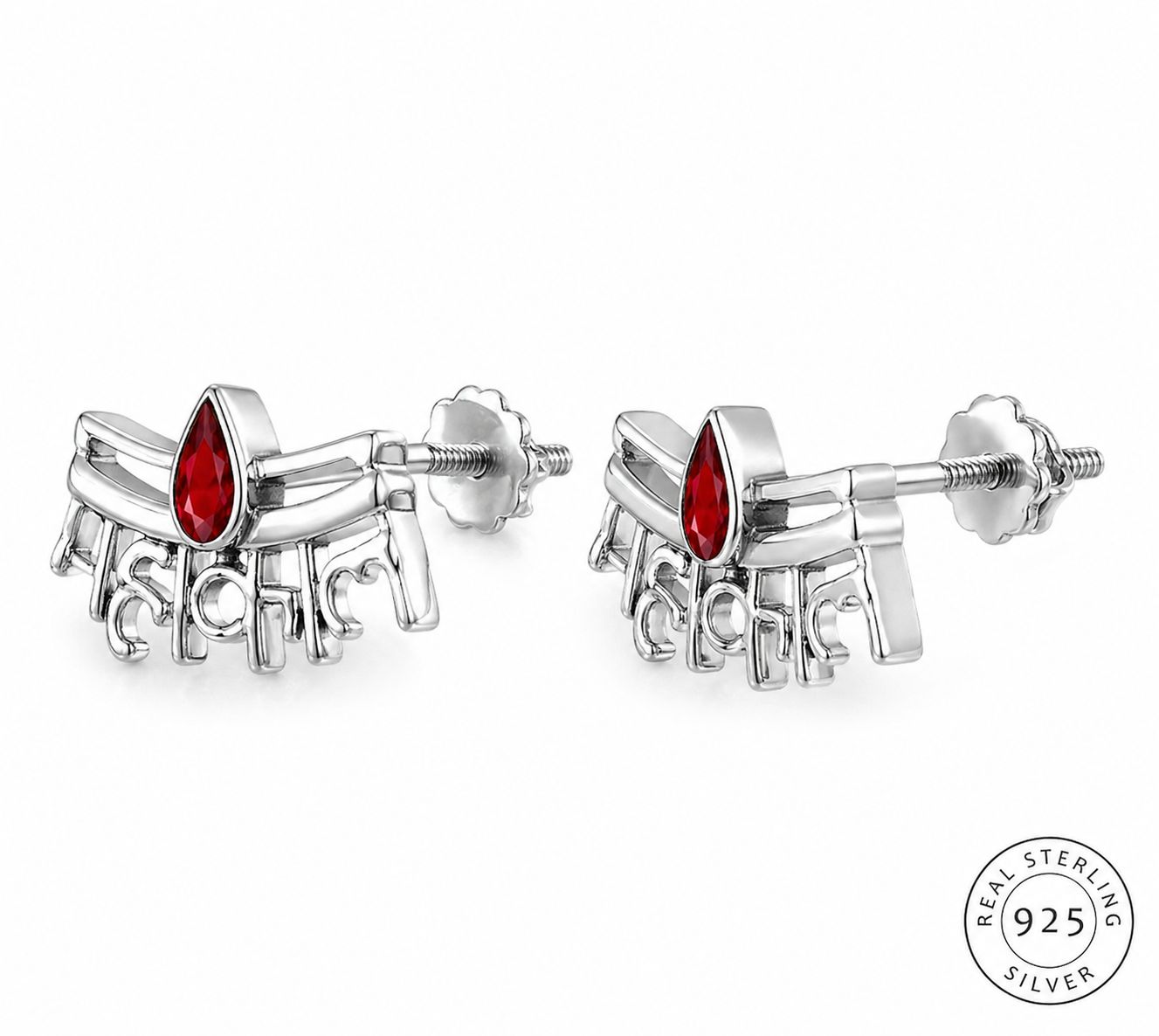 Zaviraa 925 Sterling Silver Mahakal Stud Earrings for Women | Mahadev Tripund Tilak Design with Red Meena | Spiritual Silver Jewellery