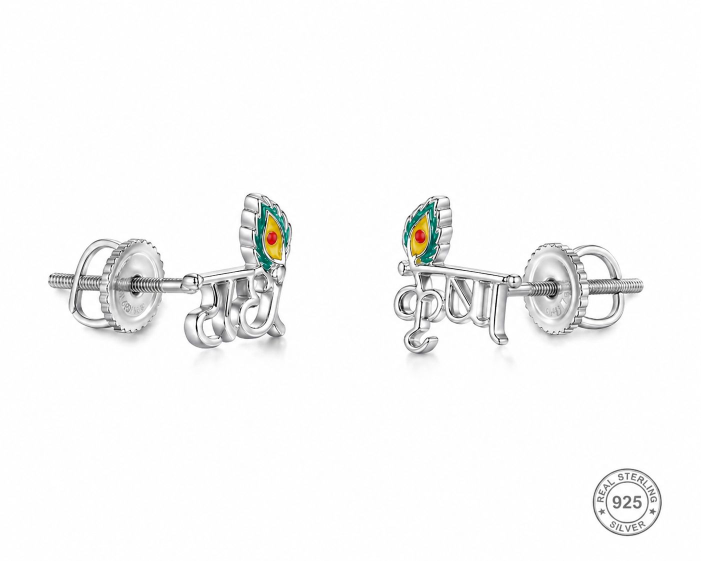 Zaviraa 925 Sterling Silver Radhe Krishna Stud Earrings for Women | Krishna Morpankh Design | Pure Chandi Spiritual Jewellery