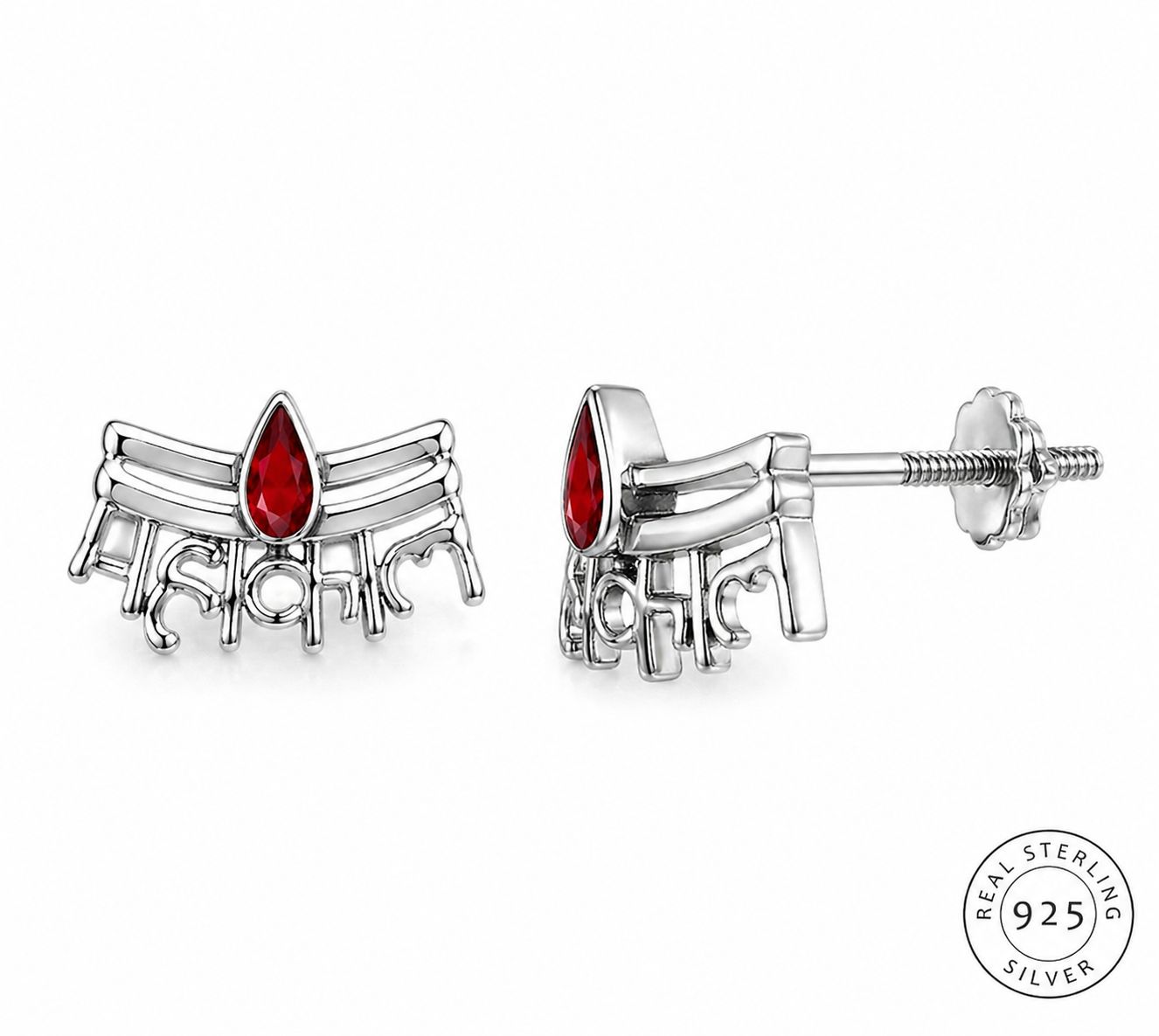 Zaviraa 925 Sterling Silver Mahakal Stud Earrings for Women | Mahadev Tripund Tilak Design with Red Meena | Spiritual Silver Jewellery