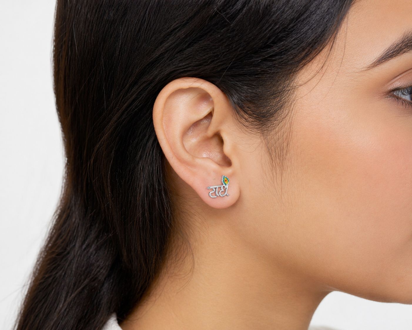 Zaviraa 925 Sterling Silver Radhe Krishna Stud Earrings for Women | Krishna Morpankh Design | Pure Chandi Spiritual Jewellery