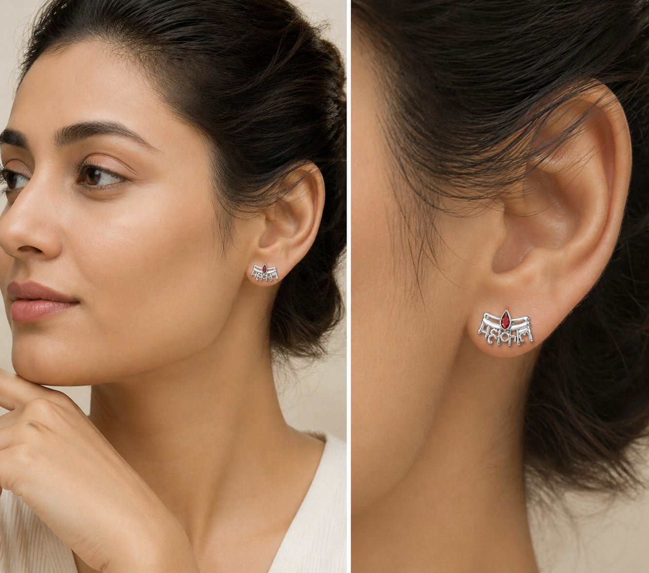 Zaviraa 925 Sterling Silver Mahakal Stud Earrings for Women | Mahadev Tripund Tilak Design with Red Meena | Spiritual Silver Jewellery