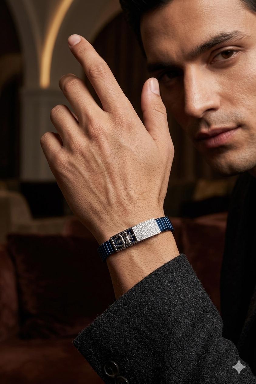 Zaviraa Trishul Signature 925 Silver Cobalt Stretchable Band