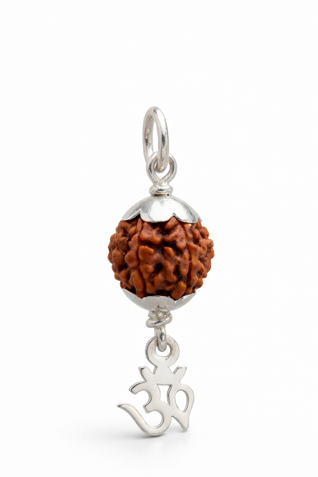 Zaviraa 925 Sterling Silver Rudraksha Om Pendant (8.5MM) | Natural Rudraksh with Dual Silver Caps & ॐ Charm | Pure Chandi Spiritual Jewellery | Pendant & Chain Options