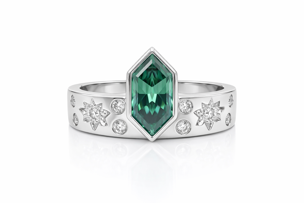 Zaviraa 2.00 CT Blue Green Dutch Marquise Moissanite Engagement Ring for Women – 925 Sterling Silver Bezel Set Starburst Thick Band | Unique Statement Proposal Ring