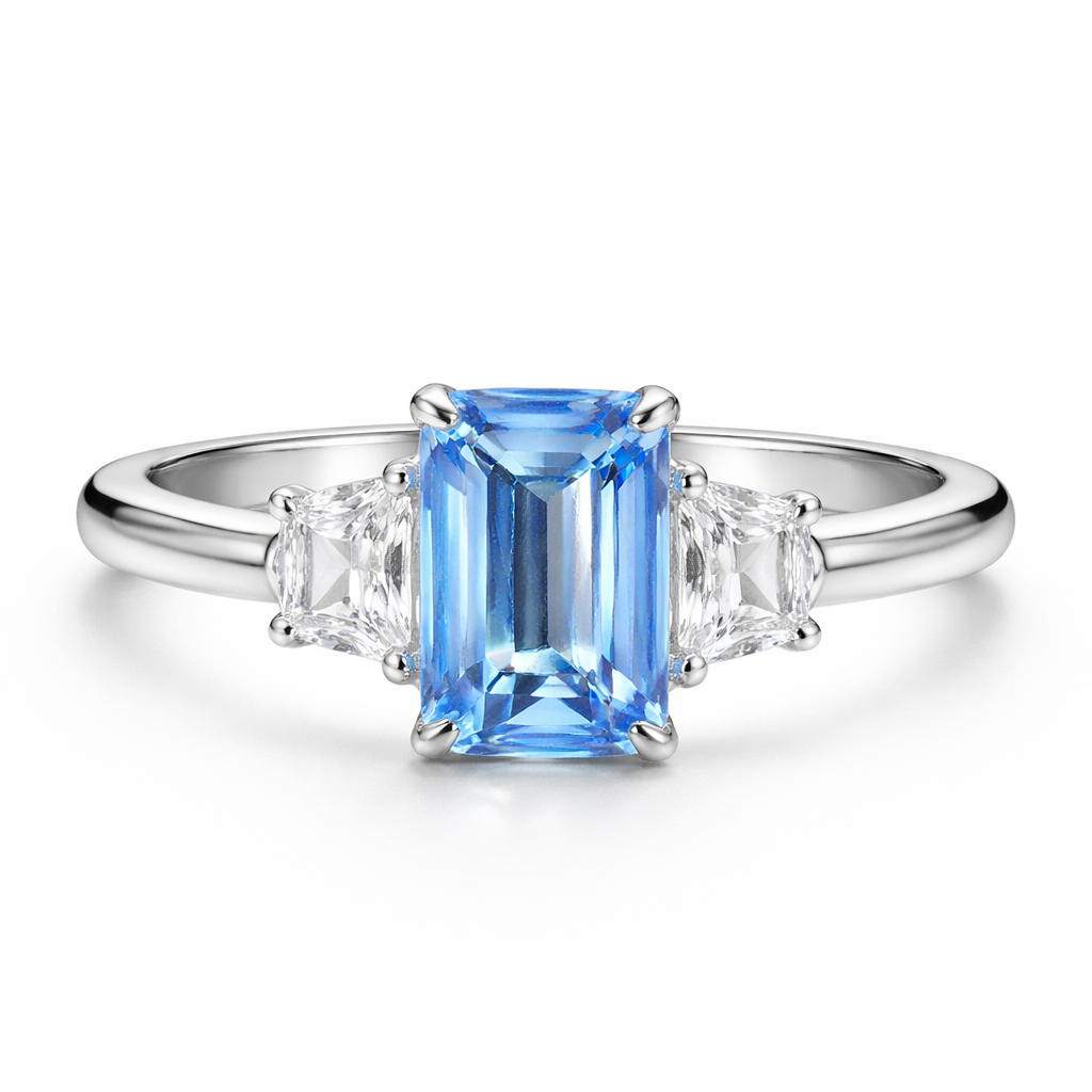 Zaviraa Emerald Cut Aquamarine Three Stone Engagement Ring for Women – 925 Sterling Silver Finish with Trapezoid Moissanite Accents | Celebrity Style Proposal Ring