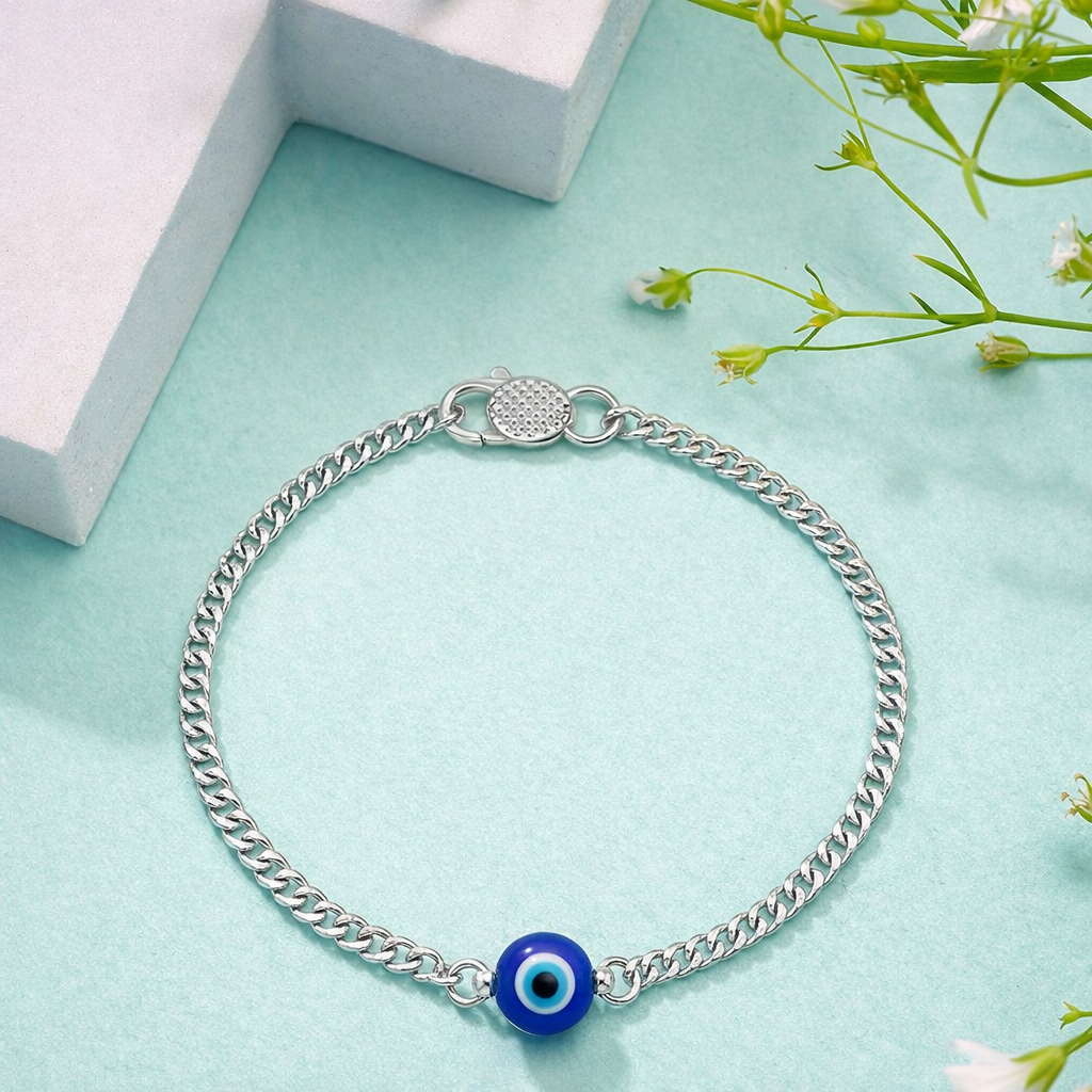 Zaviraa 925 Sterling Silver Evil Eye Bracelet for Babies | Blue Nazar Bead Chain Bracelet for Boys & Girls | Pure Chandi Baby Bracelet | Protective Kids Jewellery (1 Pc)