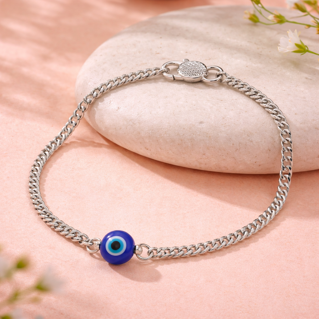 Zaviraa 925 Sterling Silver Evil Eye Bracelet for Babies | Blue Nazar Bead Chain Bracelet for Boys & Girls | Pure Chandi Baby Bracelet | Protective Kids Jewellery (1 Pc)
