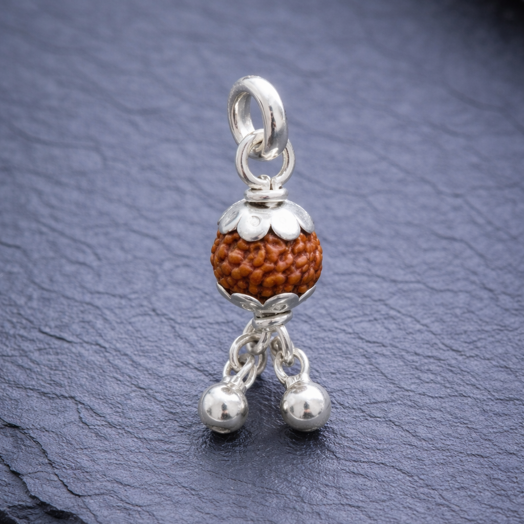 Zaviraa 925 Sterling Silver Rudraksha Pendant (6MM) with Dual Ghughri | Natural Rudraksh with Silver Caps | Pure Chandi Spiritual Jewellery | Pendant & Chain Options