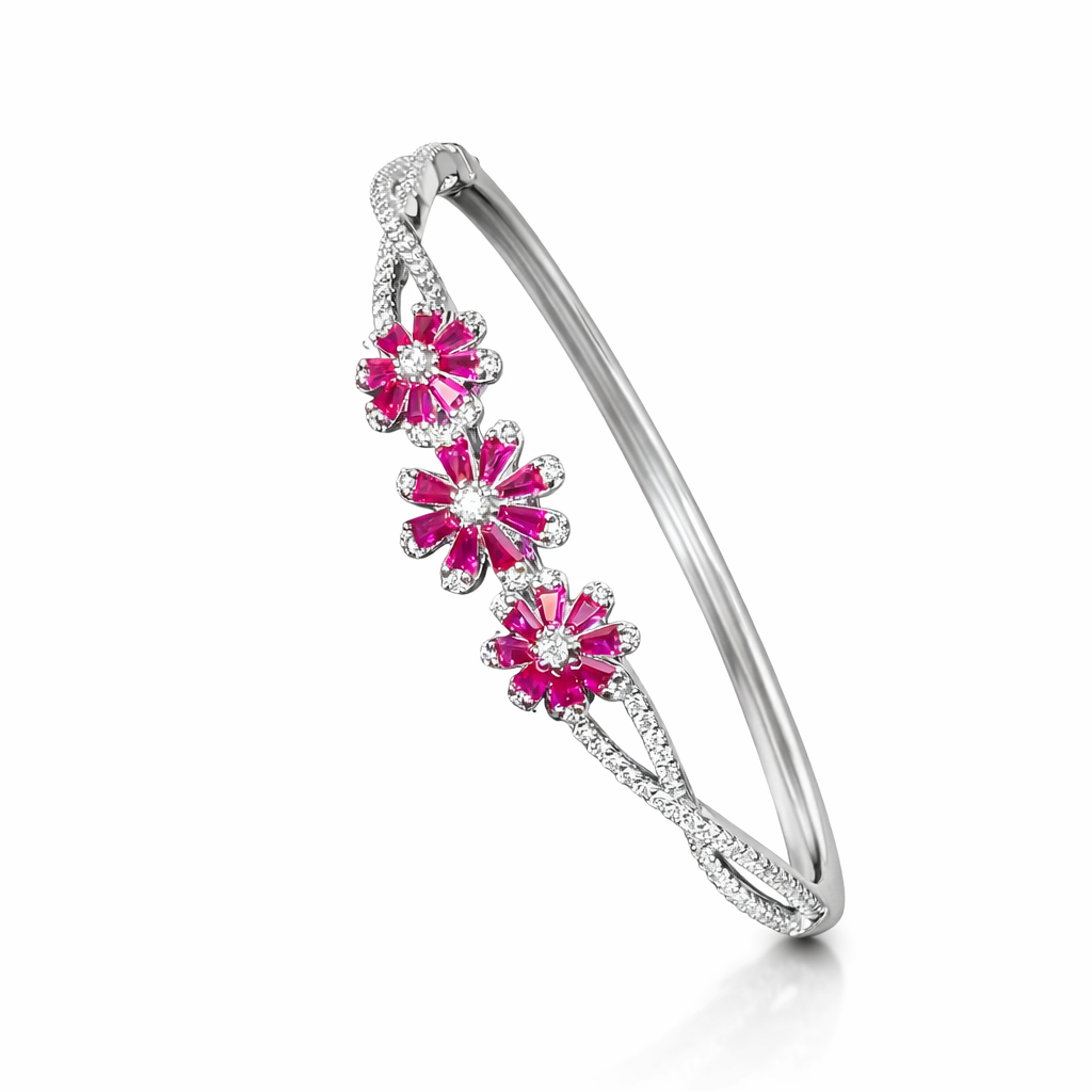 Pink Floral American Diamond Women Kada in 925 Silver | Elegant Designer Bracelet