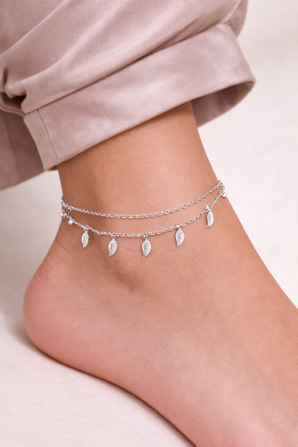 925 Sterling Silver Leaf Charm Layered Anklet for Women