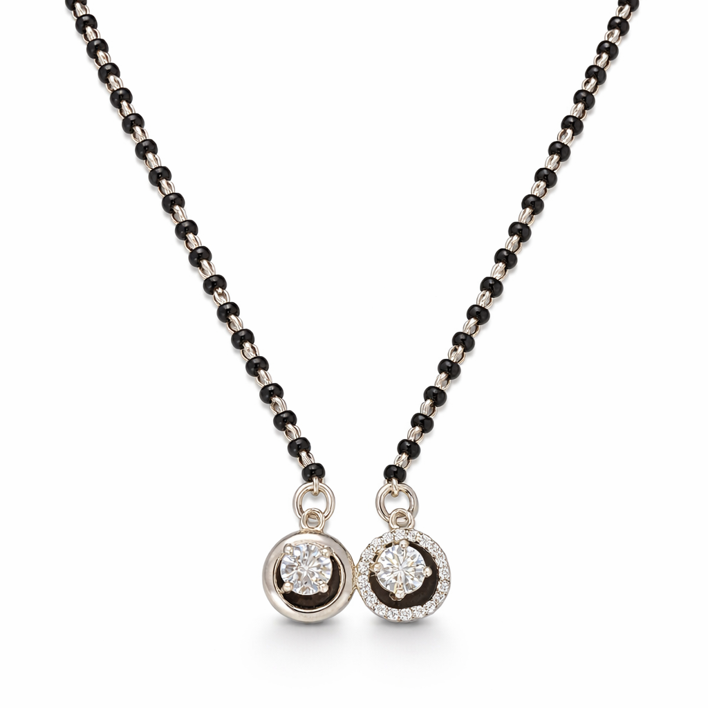 925 Sterling Silver Dual Diamond Pendant Mangalsutra with Black Bead Chain