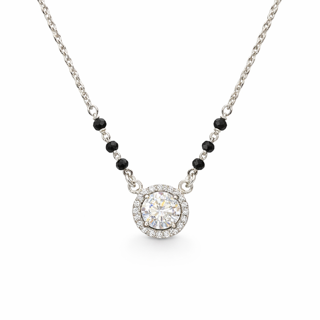 925 Sterling Silver Solitaire Halo Mangalsutra with Black Bead Chain