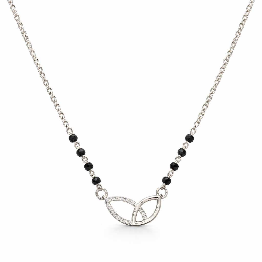 925 Sterling Silver Leaf Design Diamond Mangalsutra with Black Bead Chain